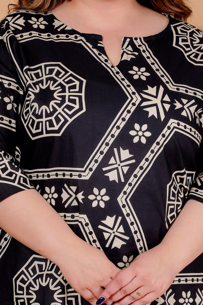 HEXAGON GEOMETRIC PRINT COTTON KURTI IN BLACK BY PLUSSIZEKURTI