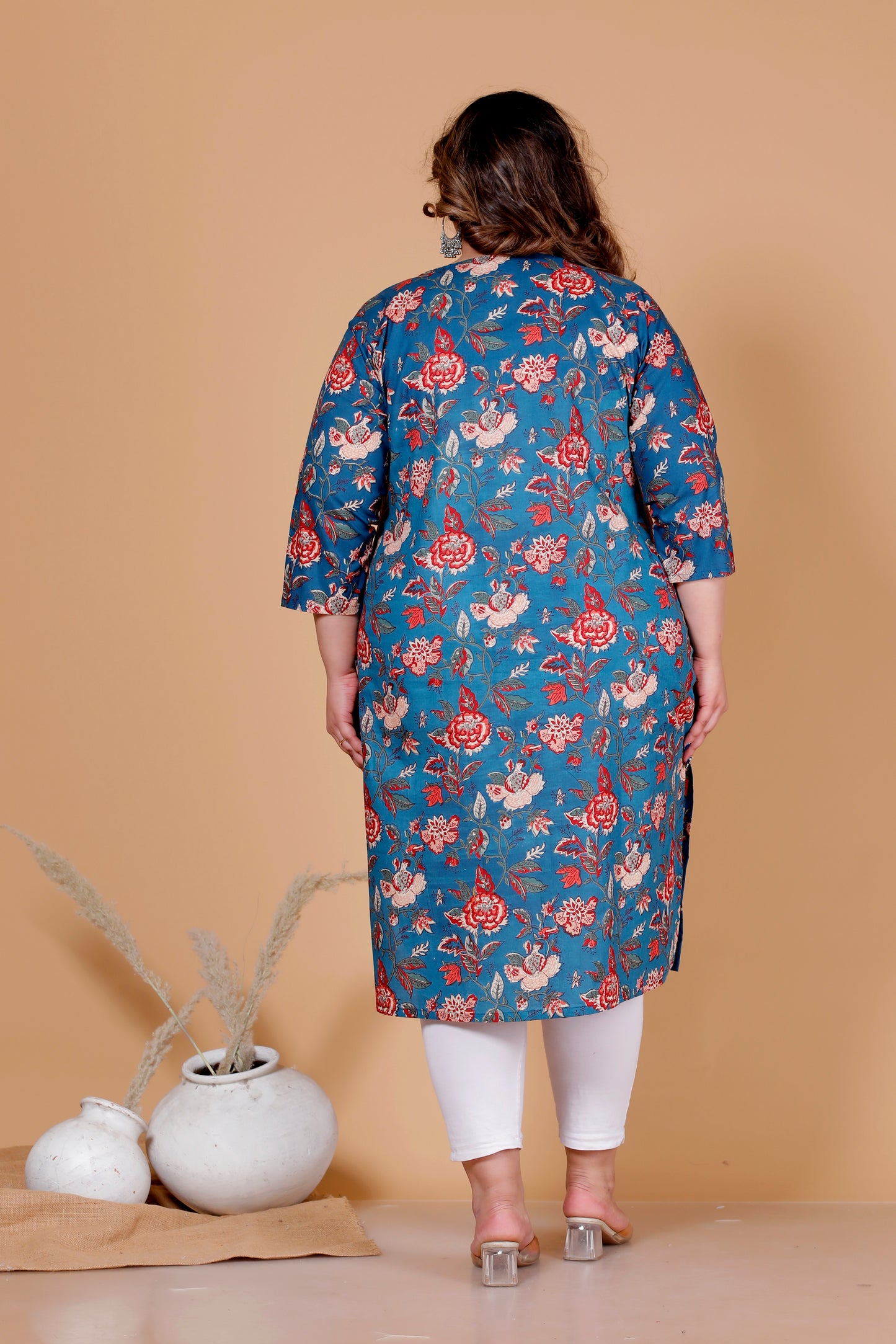 FLORAL VINE PRINT COTTON KURTI IN DEEP BLUE BY PLUSSIZEKURTI