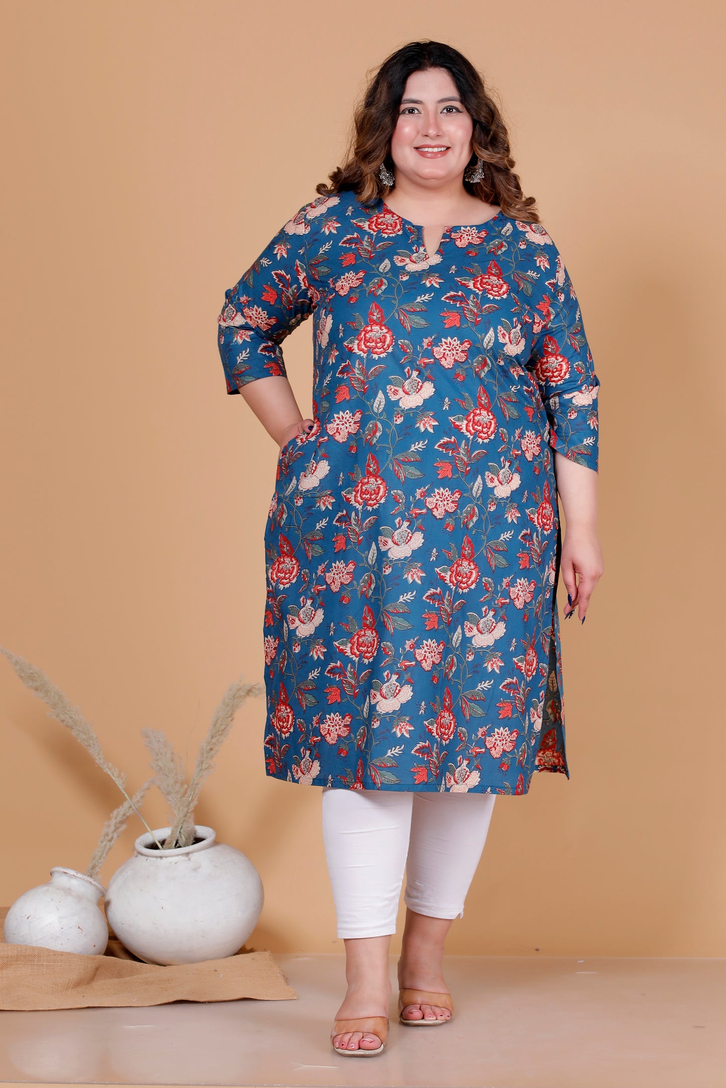 FLORAL VINE PRINT COTTON KURTI IN DEEP BLUE BY PLUSSIZEKURTI