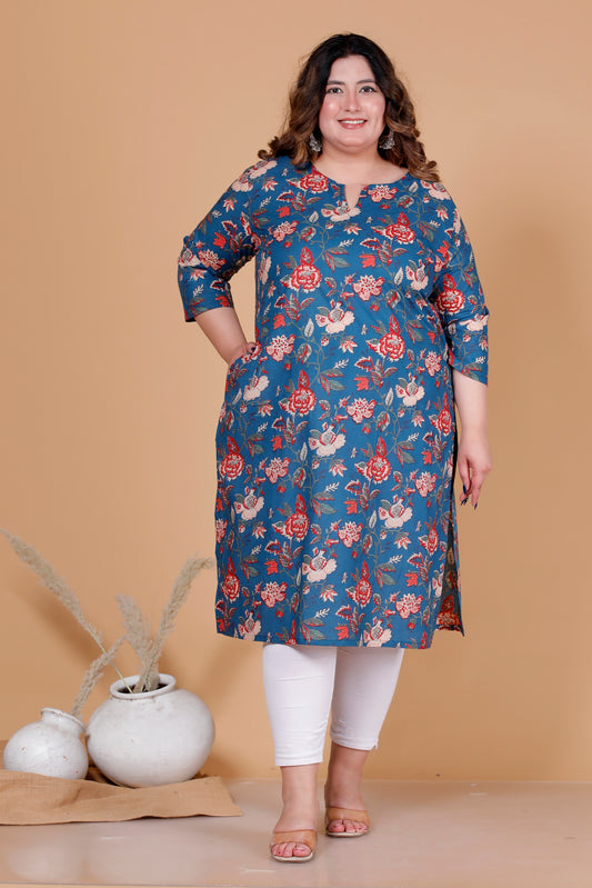 FLORAL VINE PRINT COTTON KURTI IN DEEP BLUE BY PLUSSIZEKURTI