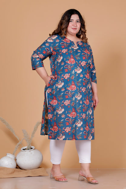FLORAL VINE PRINT COTTON KURTI IN DEEP BLUE BY PLUSSIZEKURTI