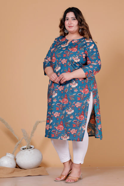 FLORAL VINE PRINT COTTON KURTI IN DEEP BLUE BY PLUSSIZEKURTI