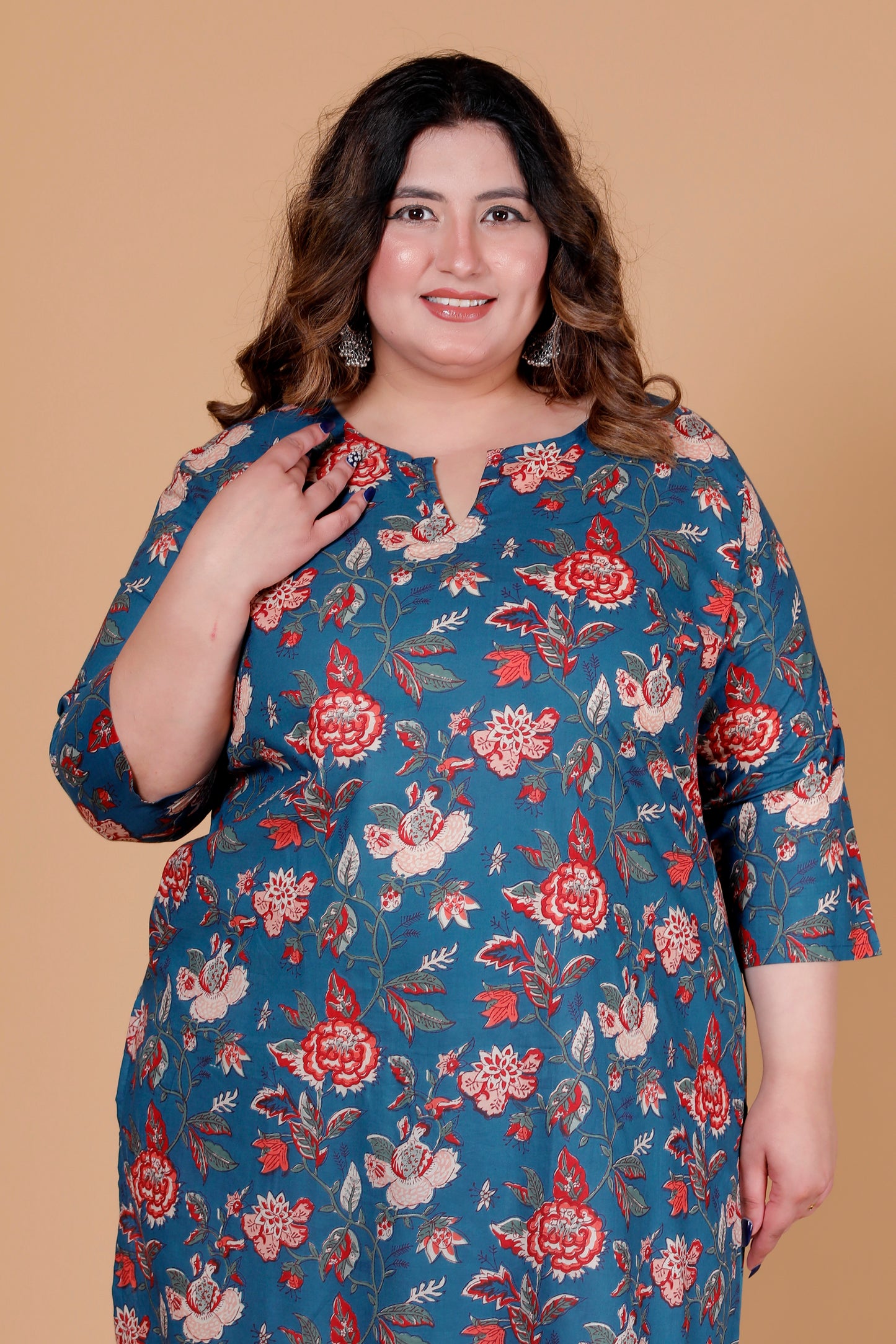 FLORAL VINE PRINT COTTON KURTI IN DEEP BLUE BY PLUSSIZEKURTI