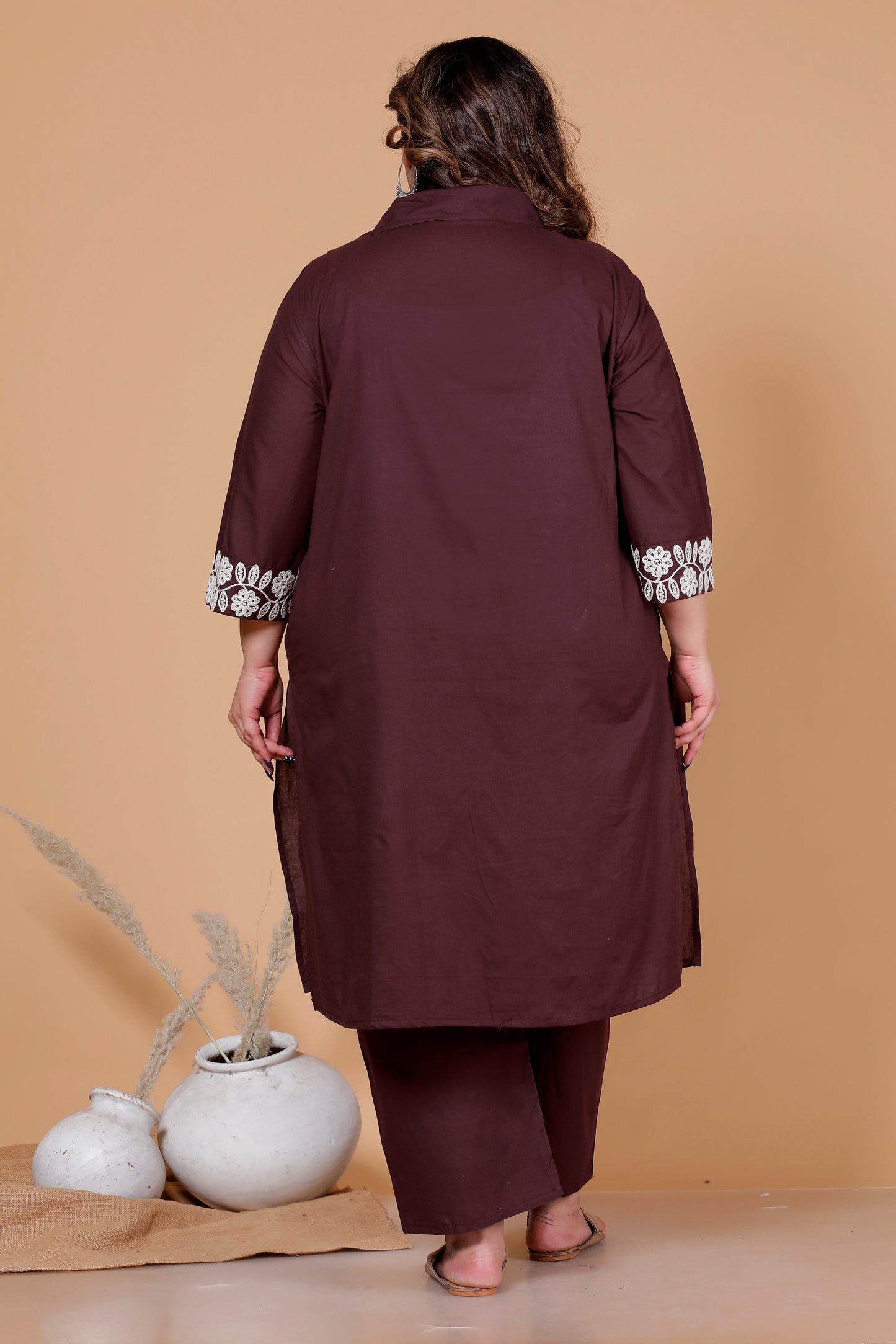FLORAL THREAD EMBROIDERY COTTON 2 PEICE KURTA PANT IN BROWN BY PLUSSIZEKURTI