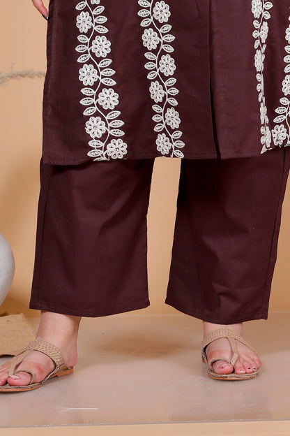 FLORAL THREAD EMBROIDERY COTTON 2 PEICE KURTA PANT IN BROWN BY PLUSSIZEKURTI