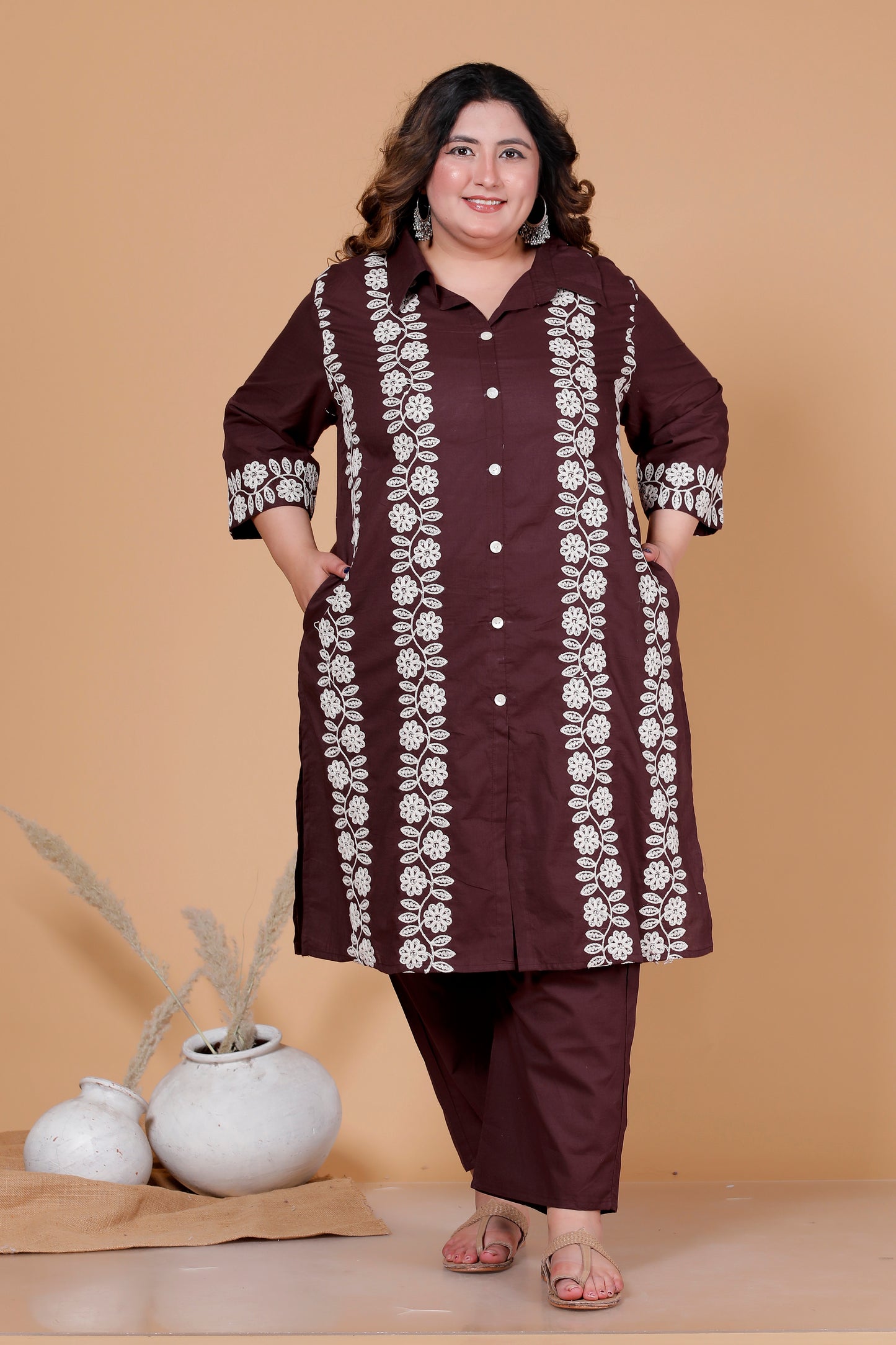 FLORAL THREAD EMBROIDERY COTTON 2 PEICE KURTA PANT IN BROWN BY PLUSSIZEKURTI
