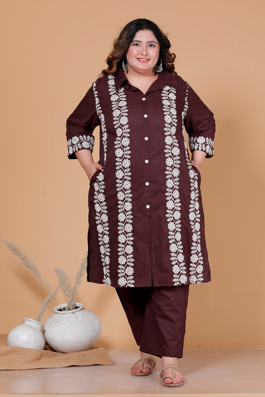 FLORAL THREAD EMBROIDERY COTTON 2 PEICE KURTA PANT IN BROWN BY PLUSSIZEKURTI