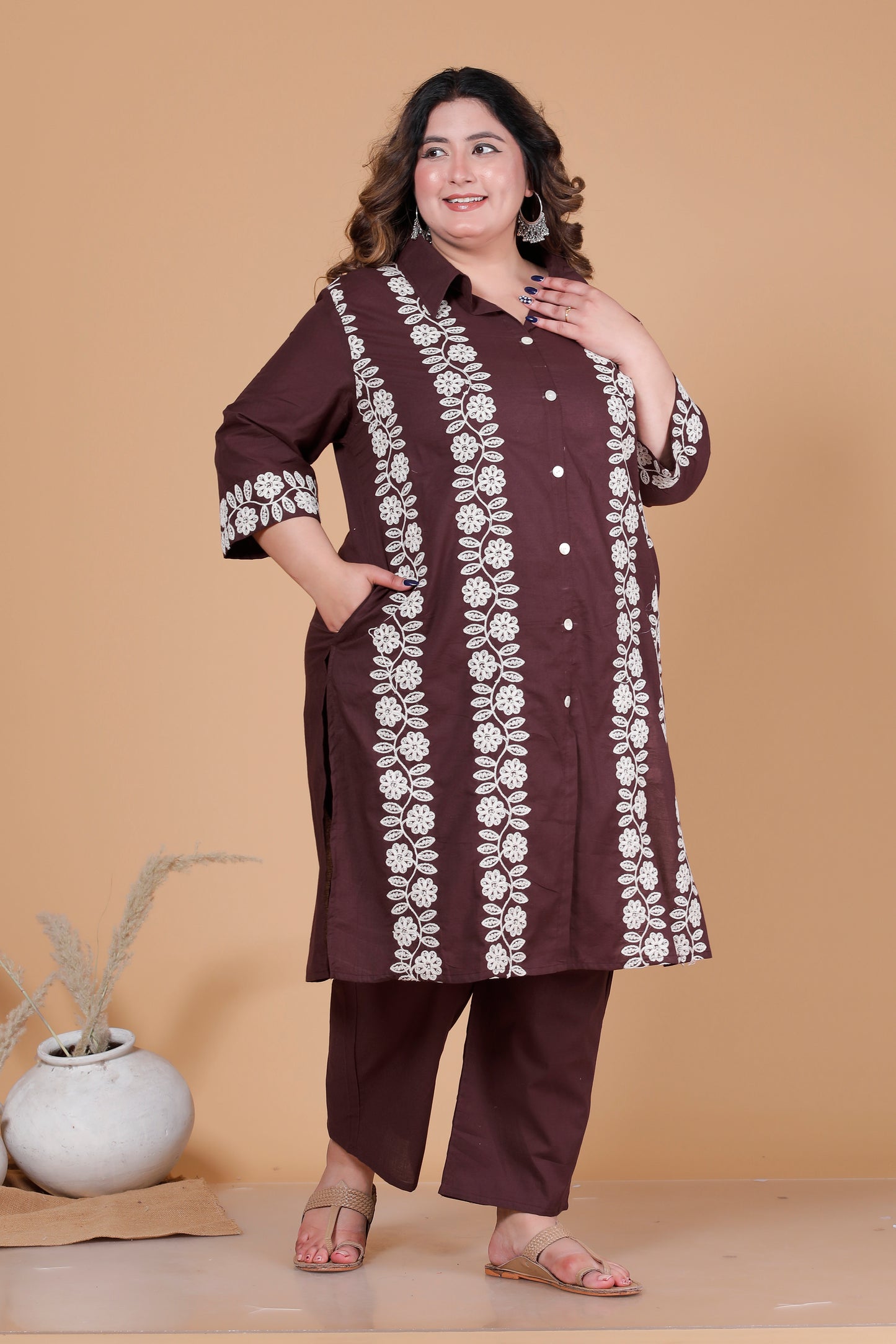 FLORAL THREAD EMBROIDERY COTTON 2 PEICE KURTA PANT IN BROWN BY PLUSSIZEKURTI