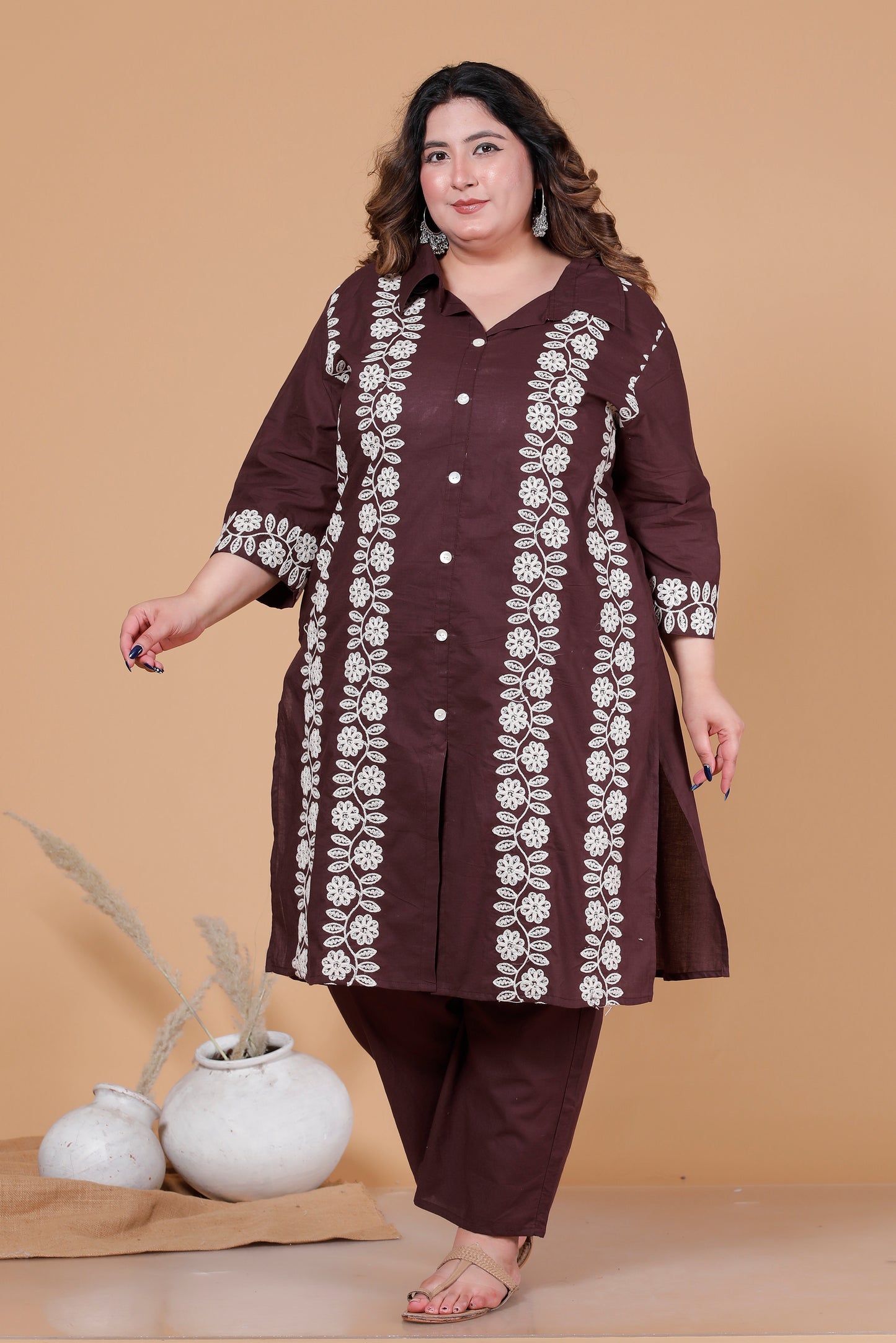 FLORAL THREAD EMBROIDERY COTTON 2 PEICE KURTA PANT IN BROWN BY PLUSSIZEKURTI