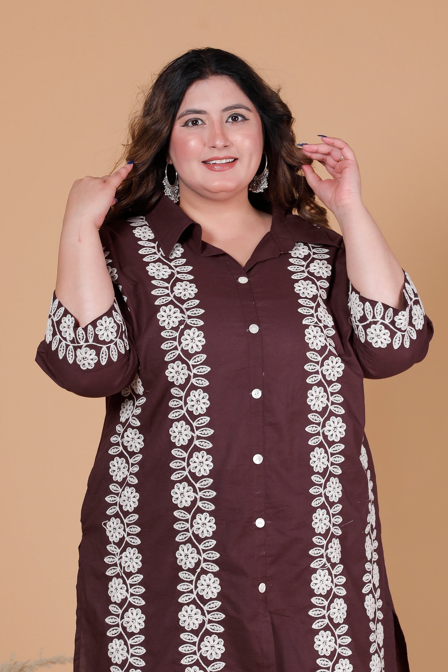 FLORAL THREAD EMBROIDERY COTTON 2 PEICE KURTA PANT IN BROWN BY PLUSSIZEKURTI