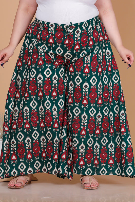 PAISLEY AJRAKH PRINT COTTON SKIRT PANTS IN RUST BOTTLE GREEN/MAROON BY PLUSSIZEKURTI