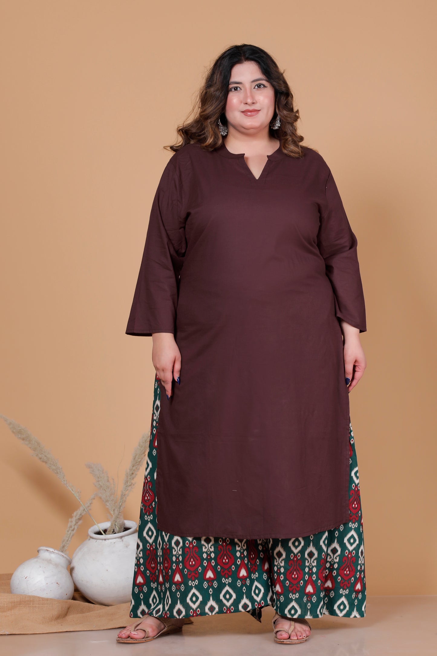 SKIRT PANT COTTON 2 PEICE SOLID KURTA SET IN BROWN/BOTTLE GREEN BY PLUSSIZEKURTI