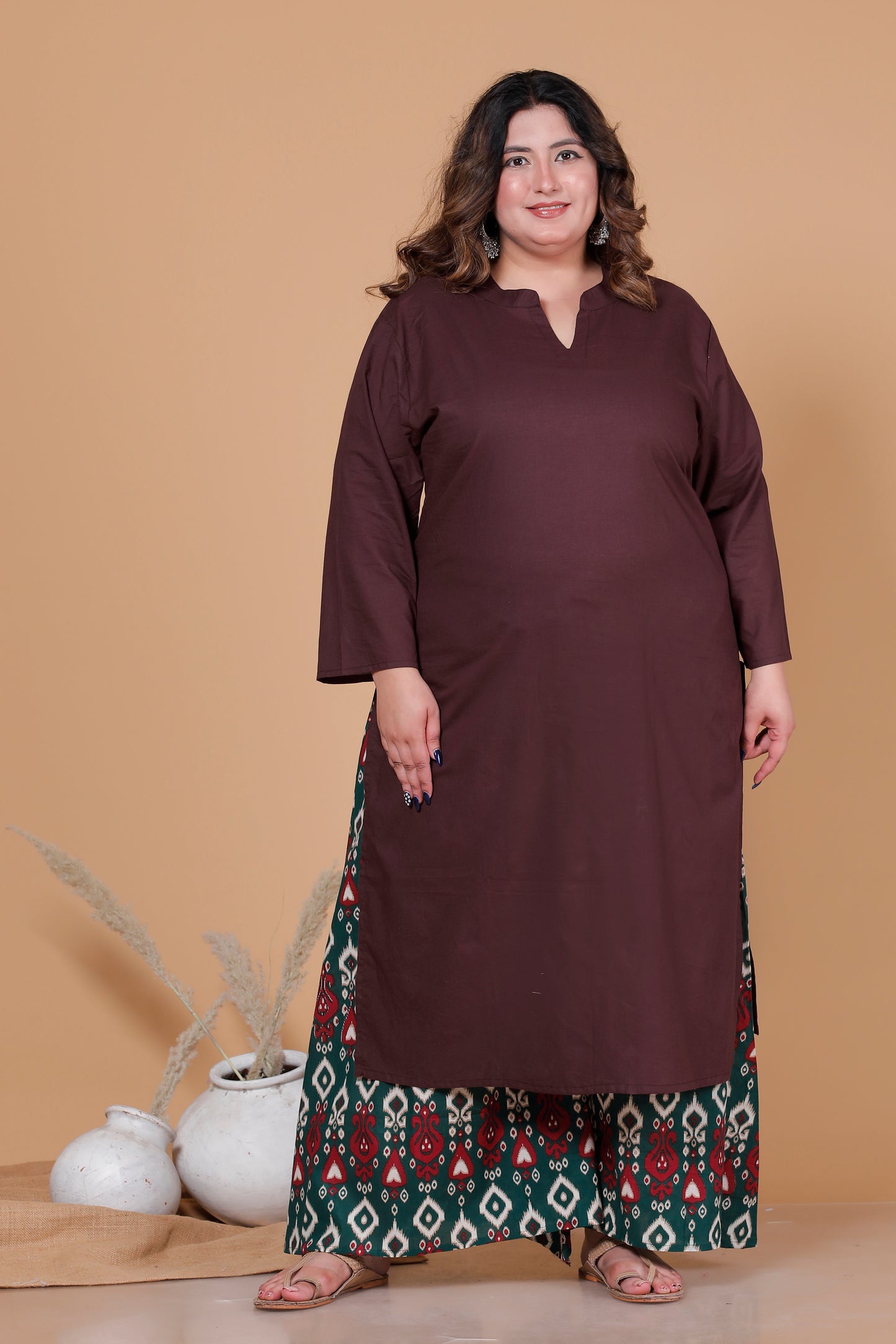 PAISLEY AJRAKH PRINT COTTON SKIRT PANTS IN RUST BOTTLE GREEN/MAROON BY PLUSSIZEKURTI