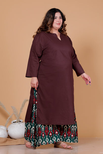 SKIRT PANT COTTON 2 PEICE SOLID KURTA SET IN BROWN/BOTTLE GREEN BY PLUSSIZEKURTI