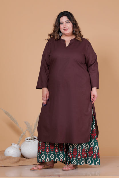 SKIRT PANT COTTON 2 PEICE SOLID KURTA SET IN BROWN/BOTTLE GREEN BY PLUSSIZEKURTI