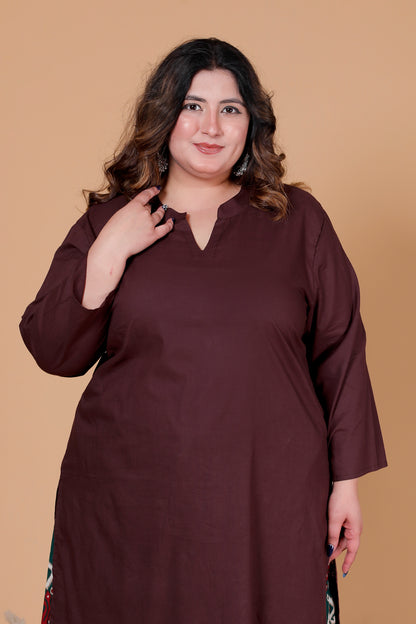 SKIRT PANT COTTON 2 PEICE SOLID KURTA SET IN BROWN/BOTTLE GREEN BY PLUSSIZEKURTI