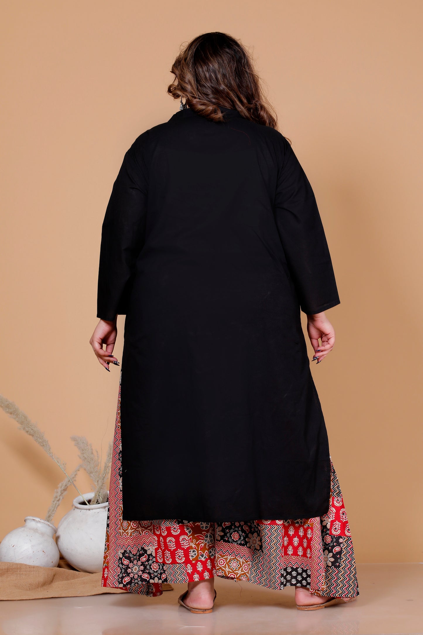 PATCHWORK GEOMETRIC PRINT COTTON SKIRT PANTS IN MUSTURD/BLACK BY PLUSSIZEKURTI