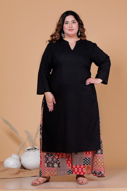 SKIRT PANT COTTON 2 PEICE SOLID KURTA SET IN BLACK/MULTICOLOUR BY PLUSSIZEKURTI