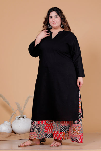 SKIRT PANT COTTON 2 PEICE SOLID KURTA SET IN BLACK/MULTICOLOUR BY PLUSSIZEKURTI