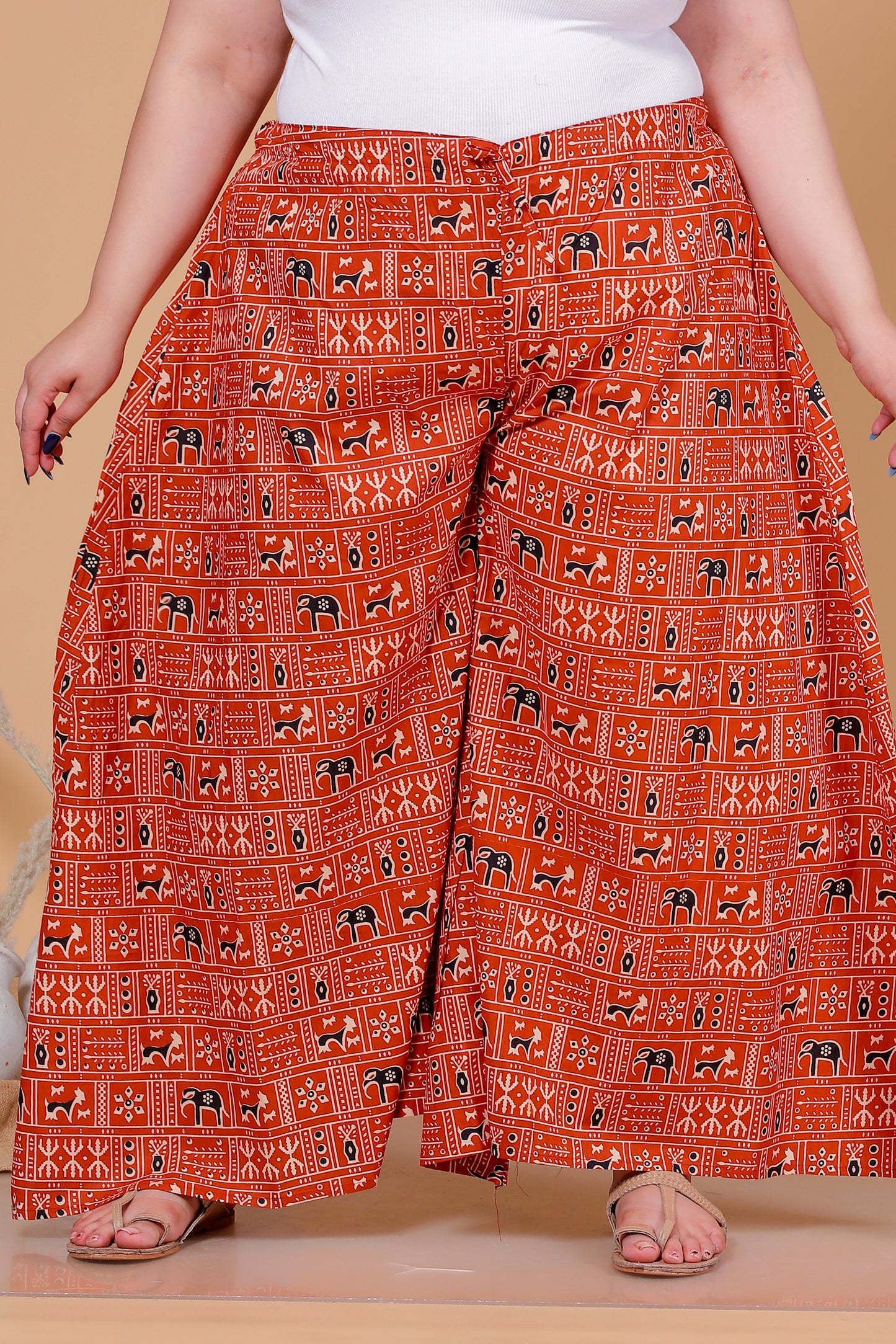 TRIBAL BLOCK PRINT COTTON SKIRT PANTS IN RUST RED/BLACK BY PLUSSIZEKURTI