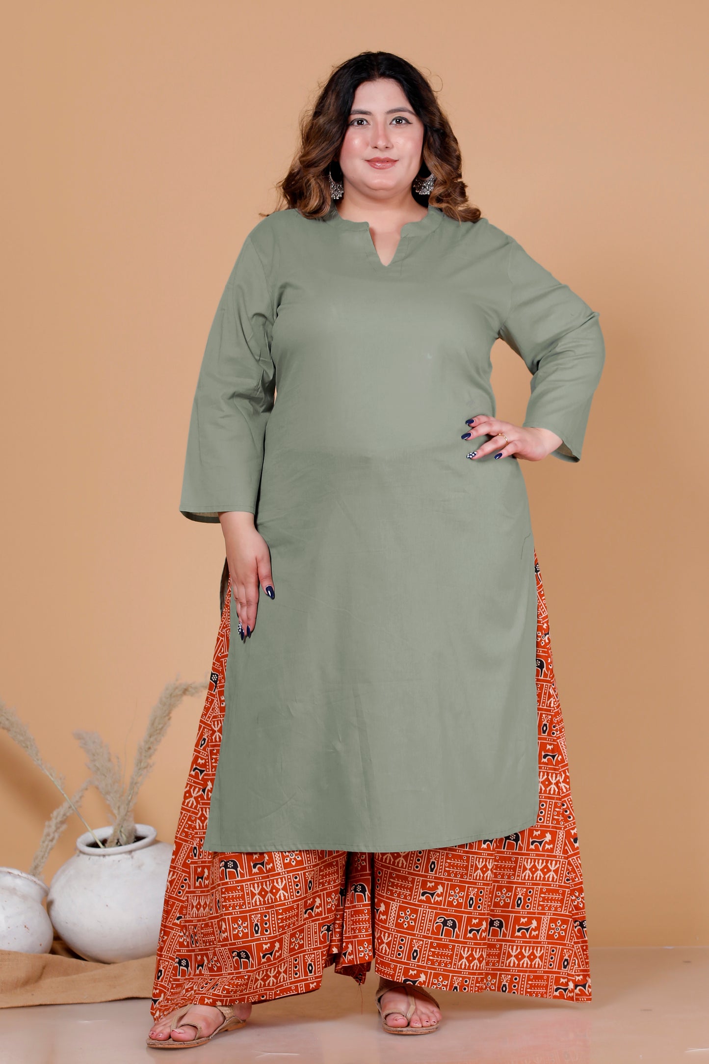SKIRT PANT COTTON 2 PEICE SOLID KURTA SET IN SAGE GREEN/RUST ORANGE BY PLUSSIZEKURTI
