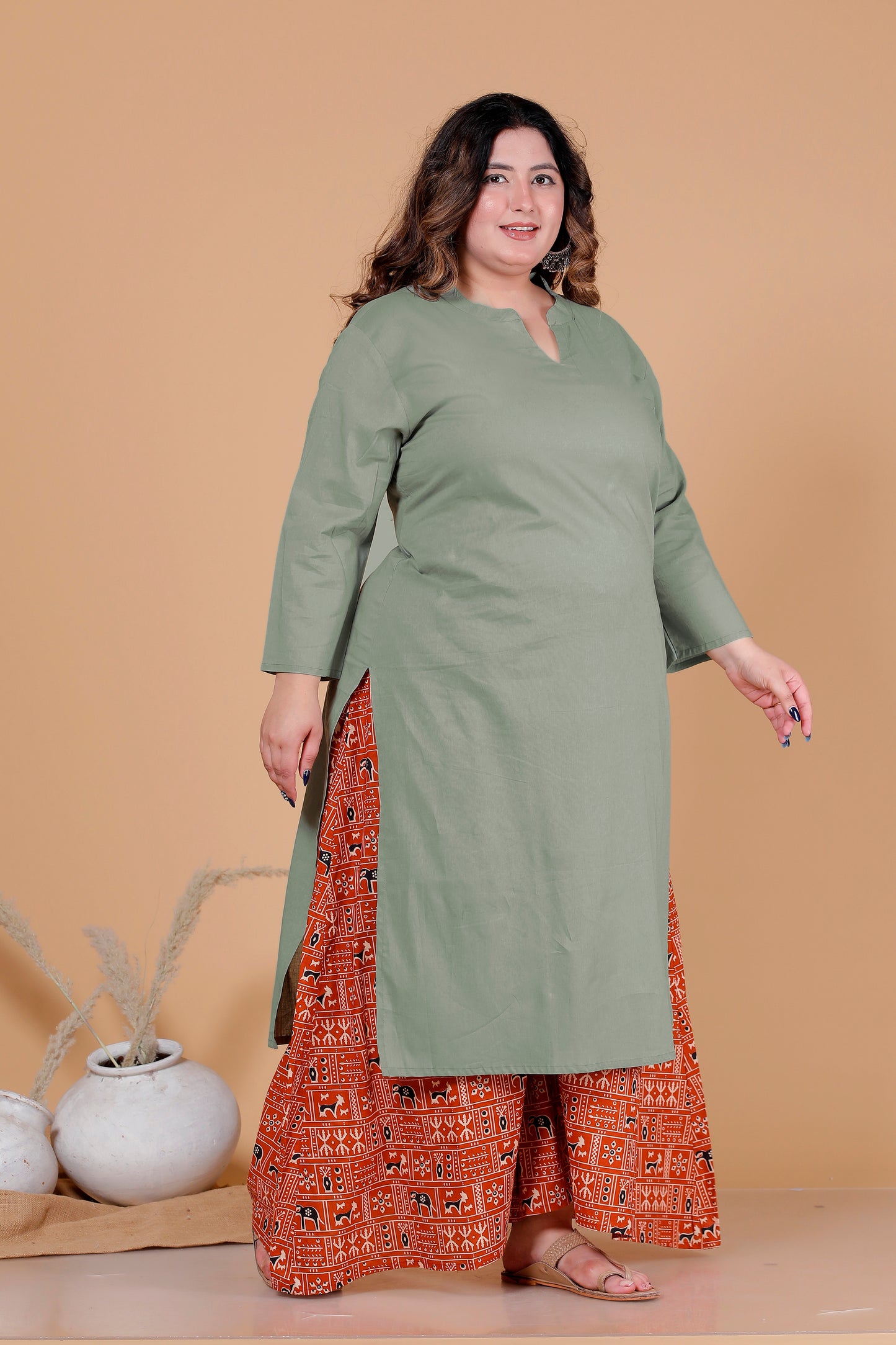 SOLID COTTON KURTI IN SAGE GREEN BY PLUSSIZEKURTI