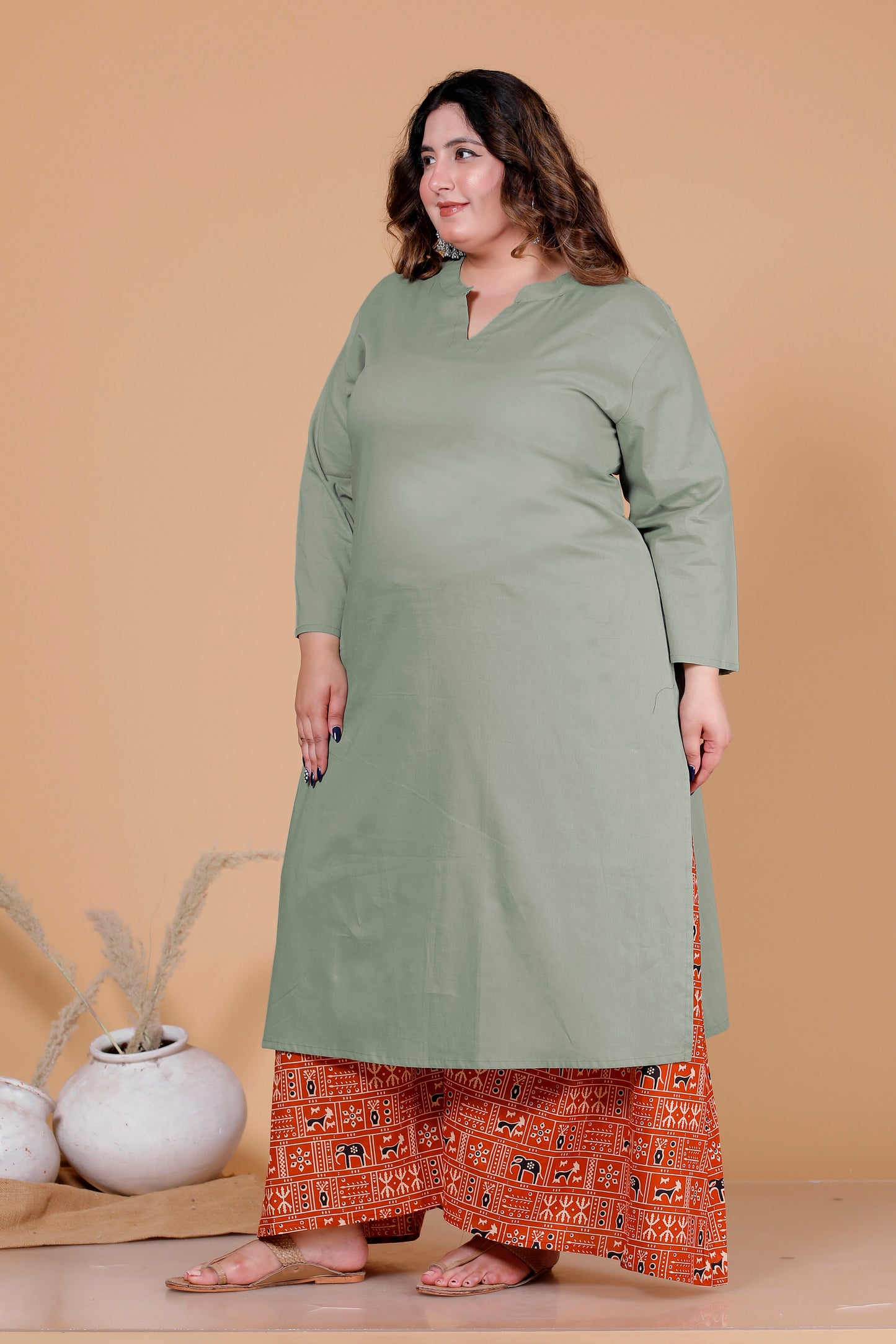 SKIRT PANT COTTON 2 PEICE SOLID KURTA SET IN SAGE GREEN/RUST ORANGE BY PLUSSIZEKURTI