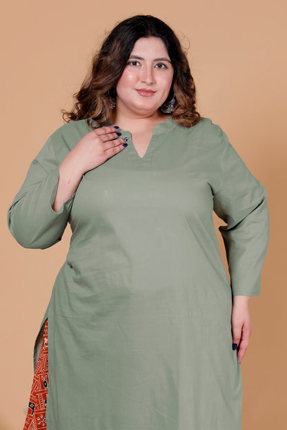 SKIRT PANT COTTON 2 PEICE SOLID KURTA SET IN SAGE GREEN/RUST ORANGE BY PLUSSIZEKURTI