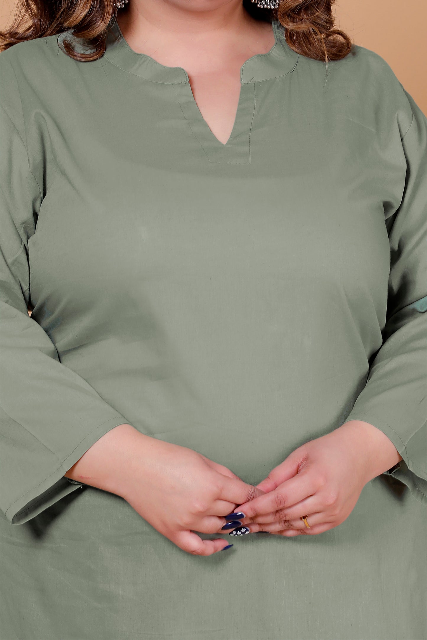 SKIRT PANT COTTON 2 PEICE SOLID KURTA SET IN SAGE GREEN/RUST ORANGE BY PLUSSIZEKURTI