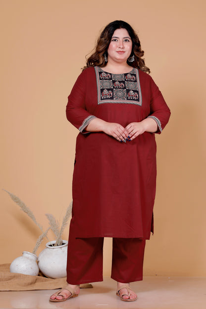 ELEPHANT MOTIF PRINT COTTON 3 PEICE KURTA PANT IN DEEP MAHROON BY PLUSSIZEKURTI