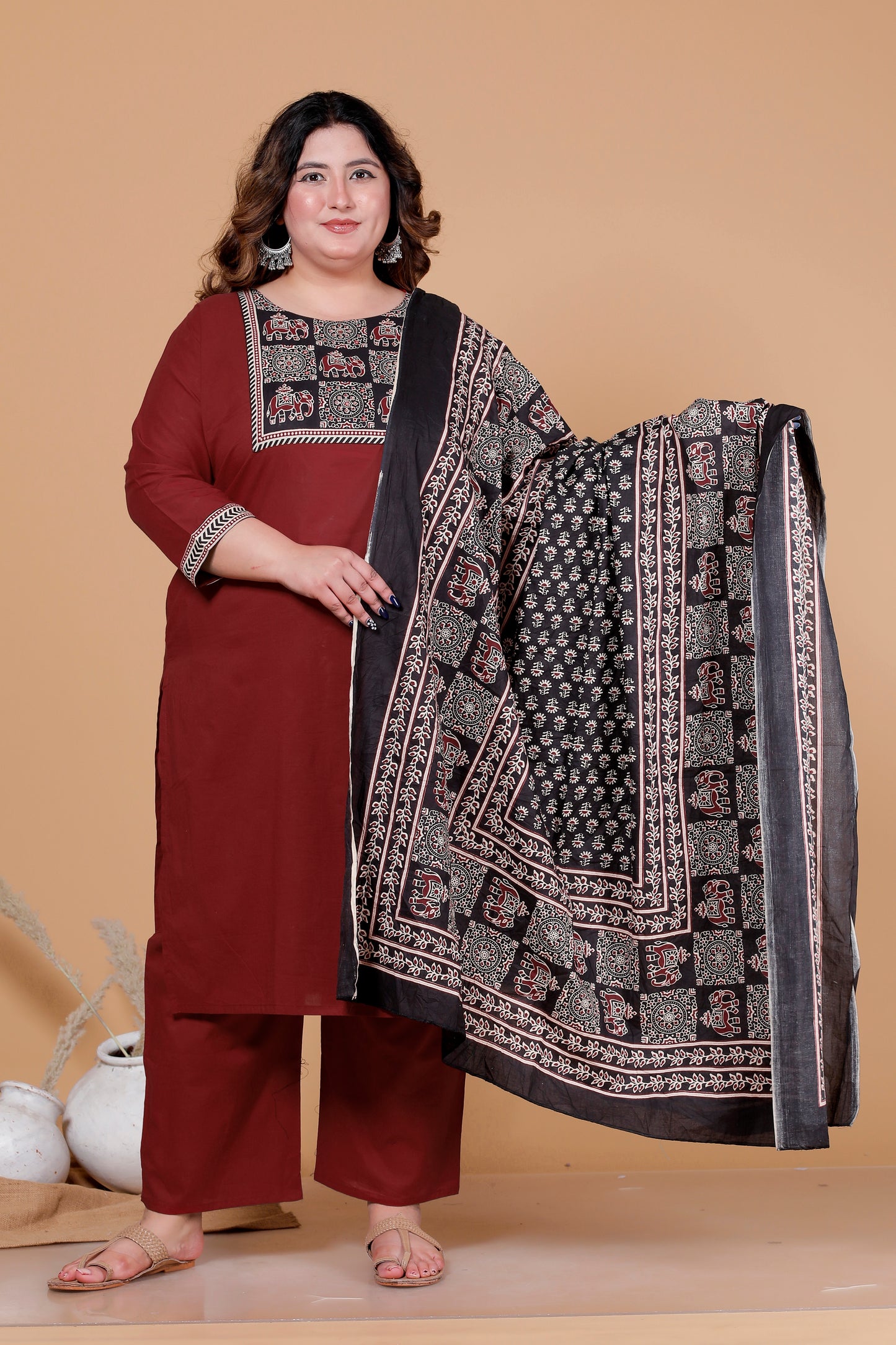ELEPHANT MOTIF PRINT COTTON 3 PEICE KURTA PANT IN DEEP MAHROON BY PLUSSIZEKURTI