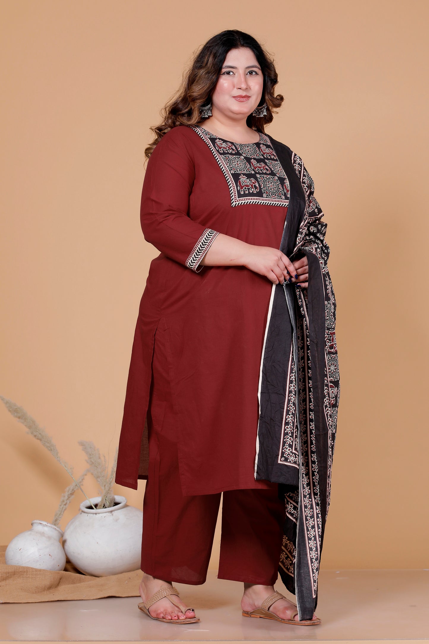 ELEPHANT MOTIF PRINT COTTON 3 PEICE KURTA PANT IN DEEP MAHROON BY PLUSSIZEKURTI