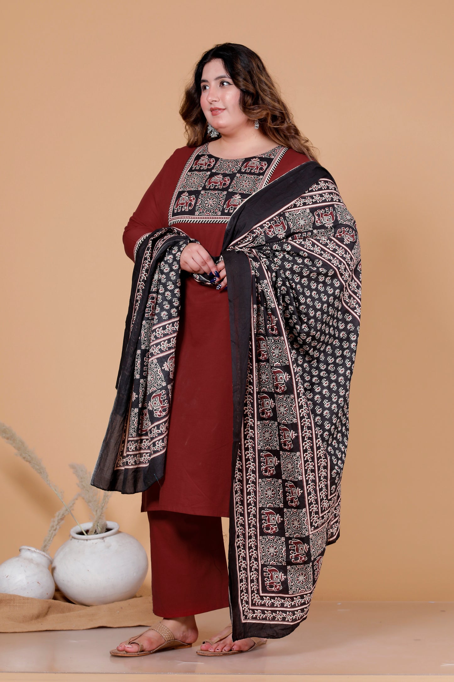 ELEPHANT MOTIF PRINT COTTON 3 PEICE KURTA PANT IN DEEP MAHROON BY PLUSSIZEKURTI