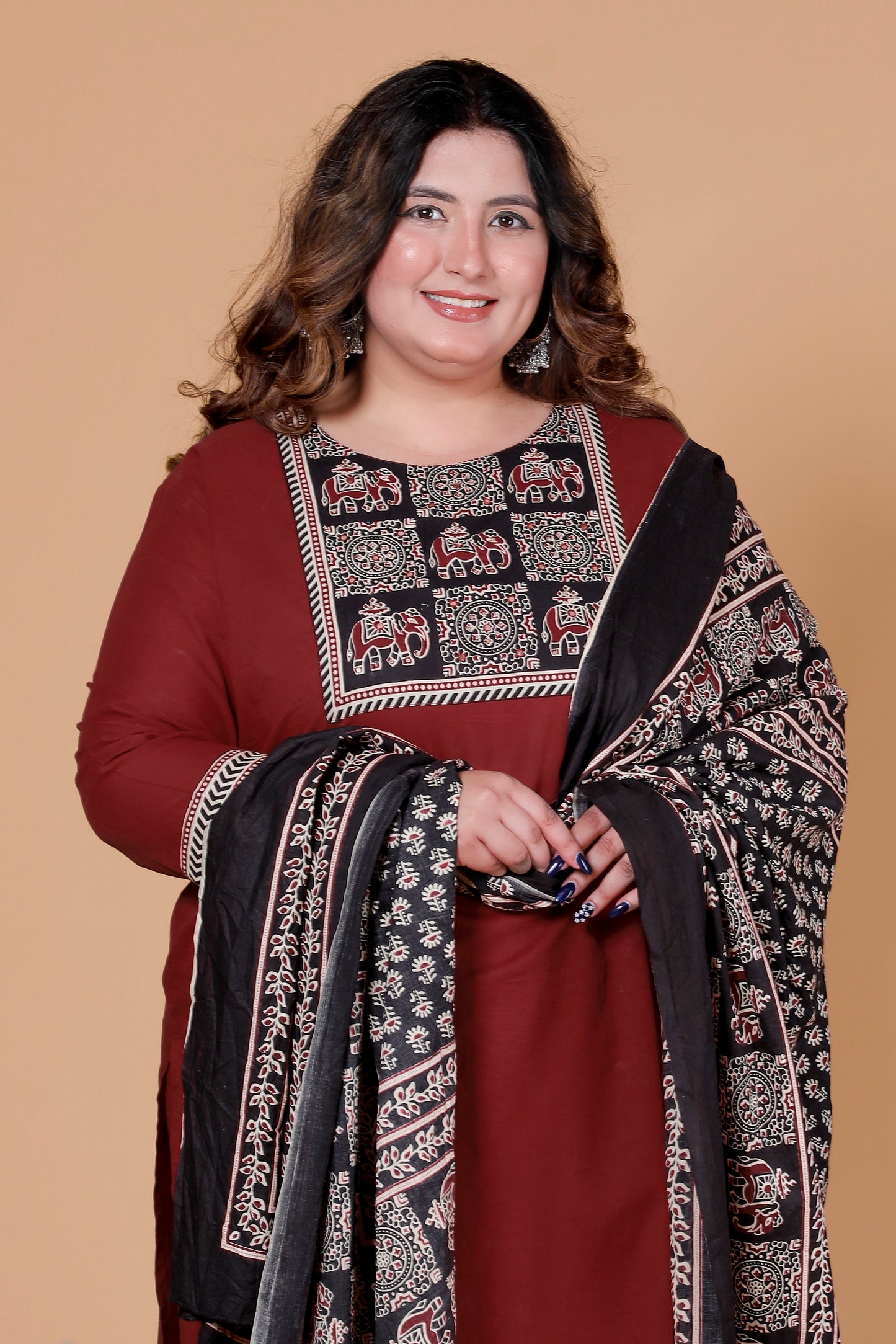 ELEPHANT MOTIF PRINT COTTON 3 PEICE KURTA PANT IN DEEP MAHROON BY PLUSSIZEKURTI