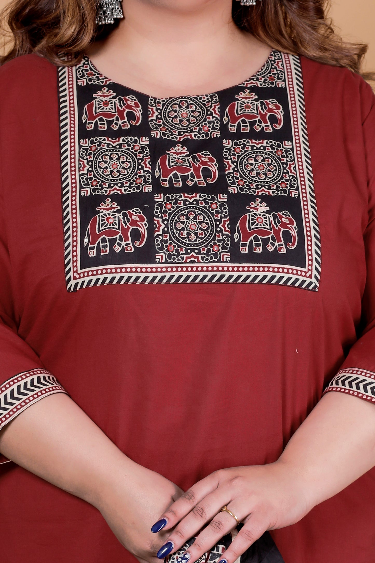 ELEPHANT MOTIF PRINT COTTON 3 PEICE KURTA PANT IN DEEP MAHROON BY PLUSSIZEKURTI
