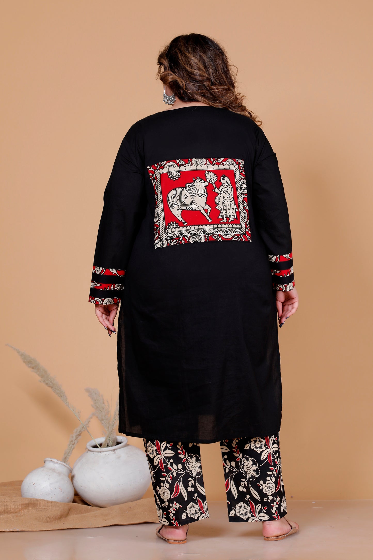 KALAMKARI HERITAGE PRINT COTTON 3 PEICE KURTA PANT IN BLACK BY PLUSSIZEKURTI