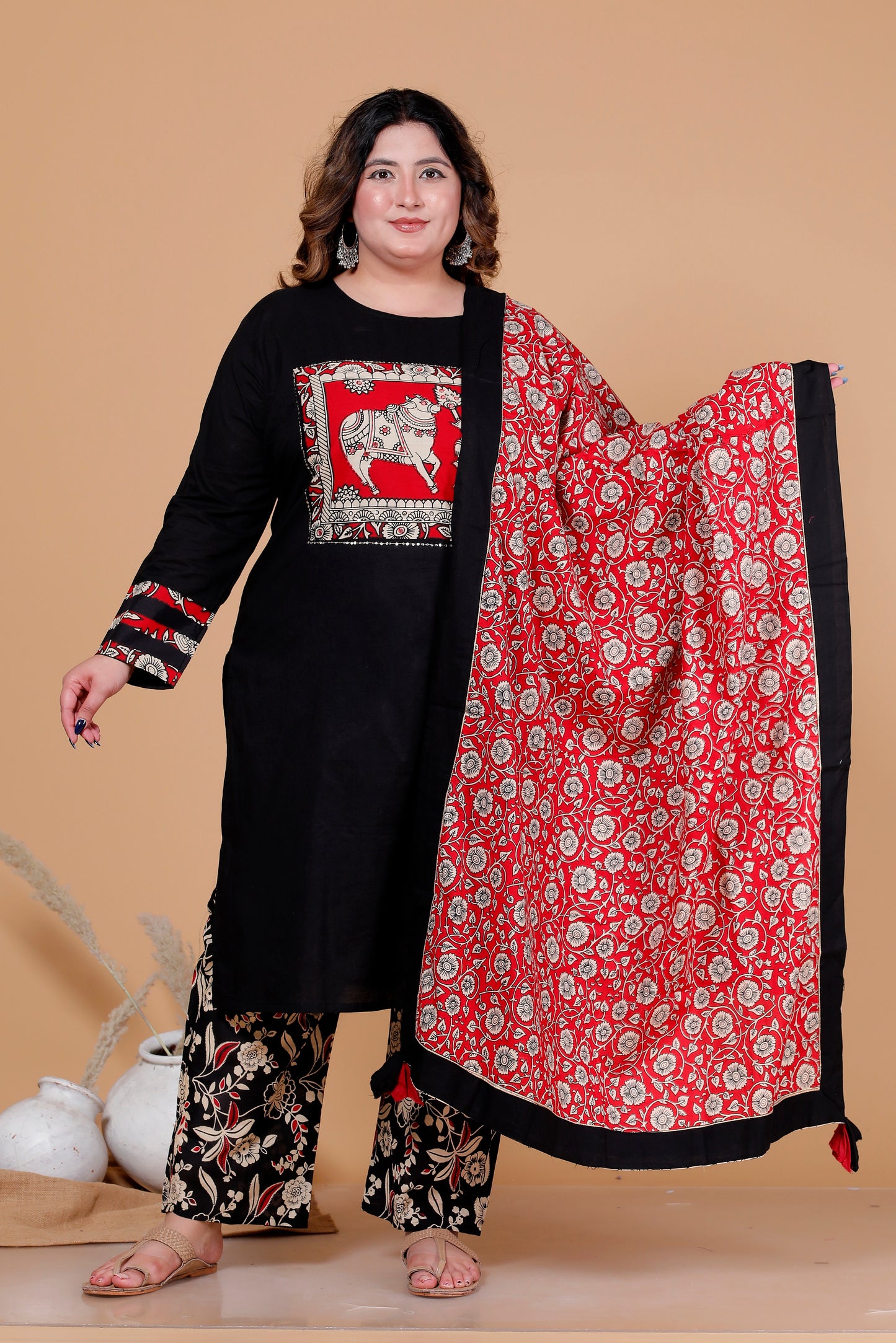 KALAMKARI HERITAGE PRINT COTTON 3 PEICE KURTA PANT IN BLACK BY PLUSSIZEKURTI