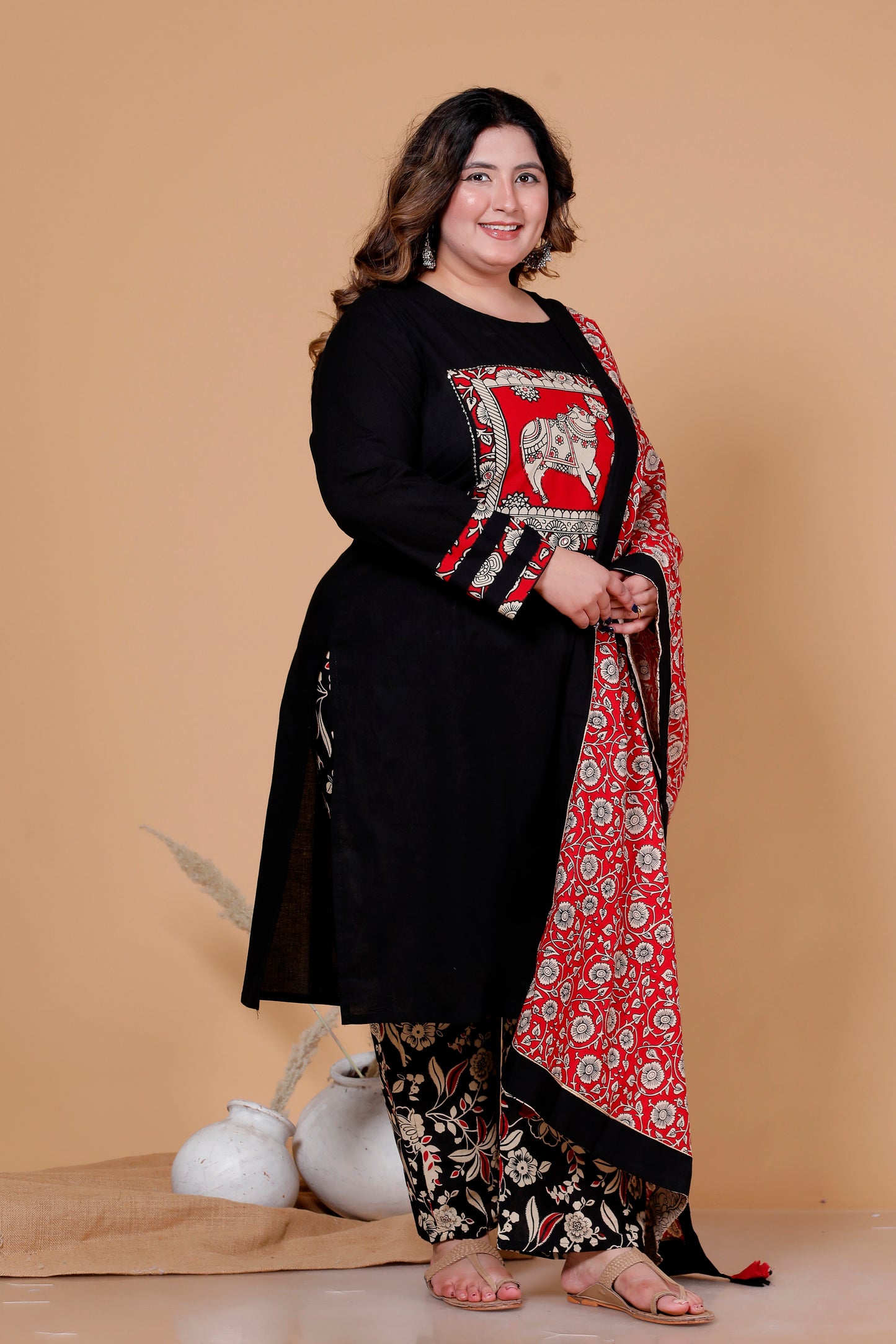 KALAMKARI HERITAGE PRINT COTTON 3 PEICE KURTA PANT IN BLACK BY PLUSSIZEKURTI
