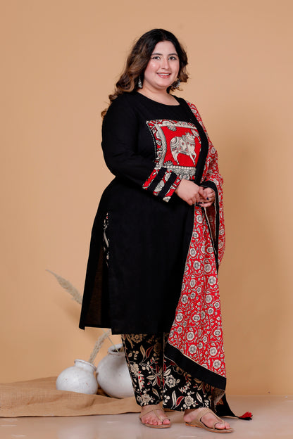 KALAMKARI HERITAGE PRINT COTTON 3 PEICE KURTA PANT IN BLACK BY PLUSSIZEKURTI
