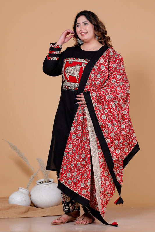 KALAMKARI HERITAGE PRINT COTTON 3 PEICE KURTA PANT IN BLACK BY PLUSSIZEKURTI