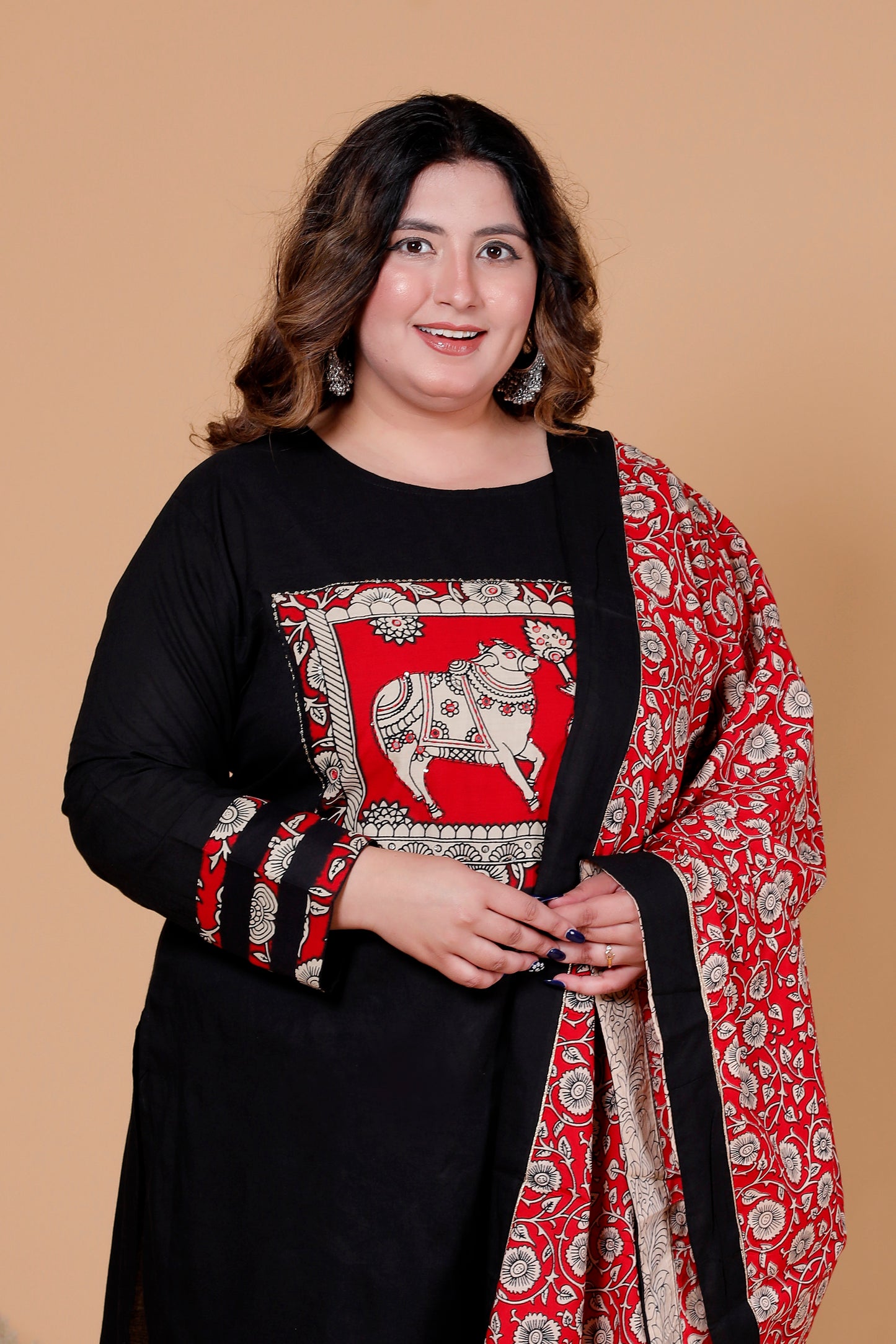 KALAMKARI HERITAGE PRINT COTTON 3 PEICE KURTA PANT IN BLACK BY PLUSSIZEKURTI