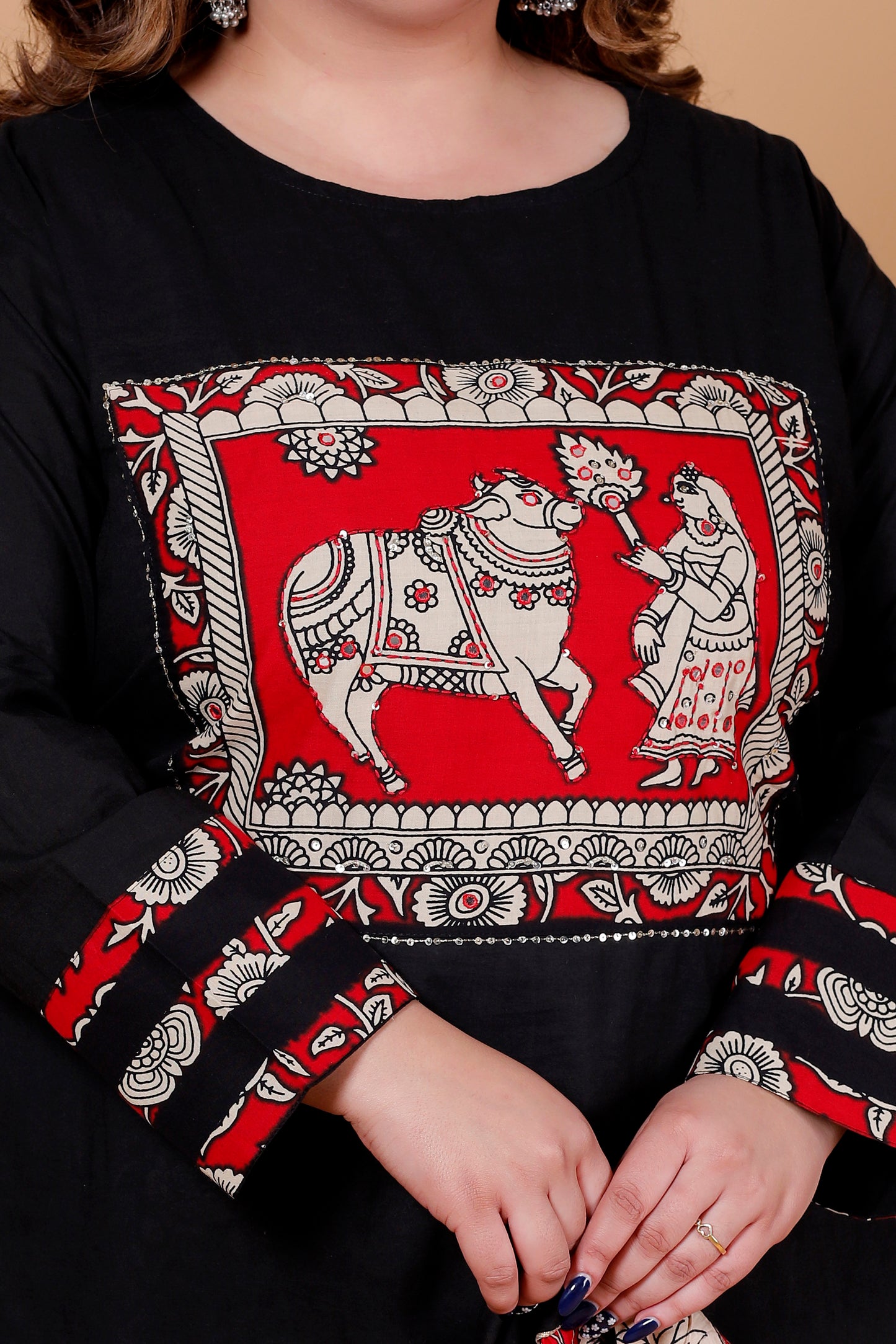 KALAMKARI HERITAGE PRINT COTTON 3 PEICE KURTA PANT IN BLACK BY PLUSSIZEKURTI