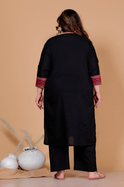 MEDALLION FLORAL MOTIF PRINT COTTON 3 PEICE KURTA PANT IN BLACK BY PLUSSIZEKURTI