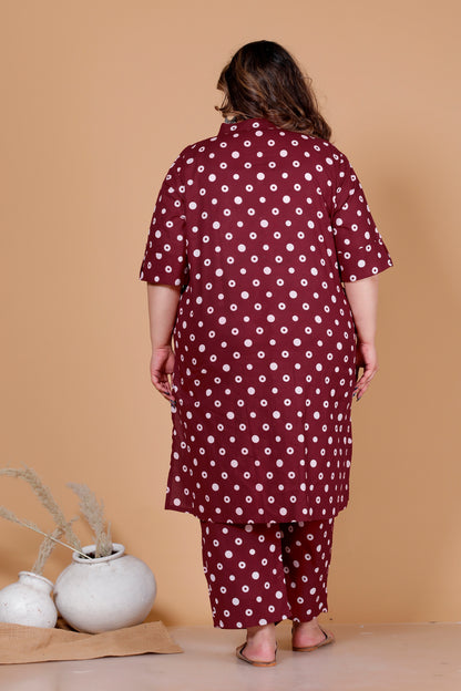 CLASSIC POLKA DOT PRINT COTTON 2 PEICE KURTA PANT IN DEEP MAROON BY PLUSSIZEKURTI