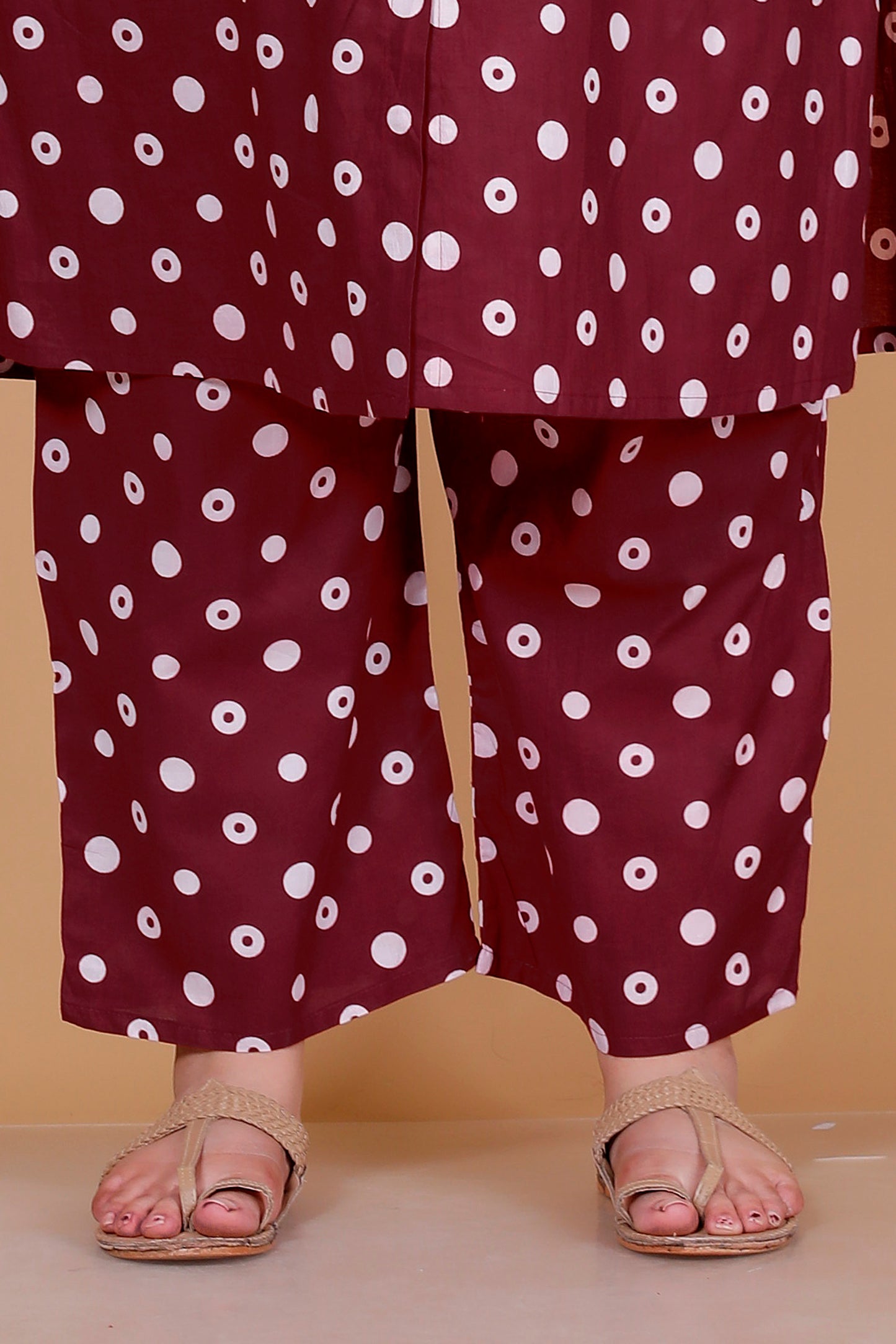 CLASSIC POLKA DOT PRINT COTTON 2 PEICE KURTA PANT IN DEEP MAROON BY PLUSSIZEKURTI
