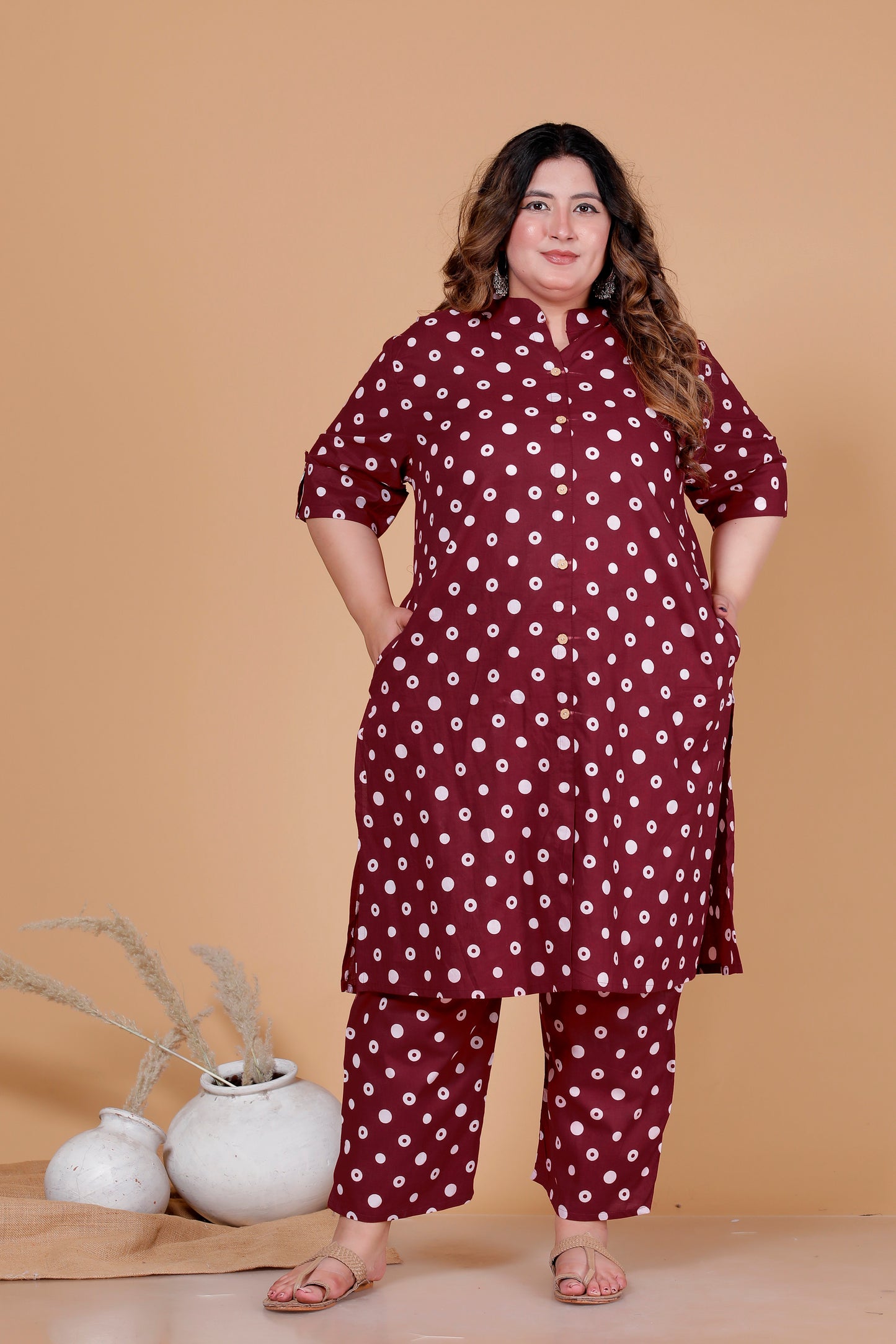 CLASSIC POLKA DOT PRINT COTTON 2 PEICE KURTA PANT IN DEEP MAROON BY PLUSSIZEKURTI