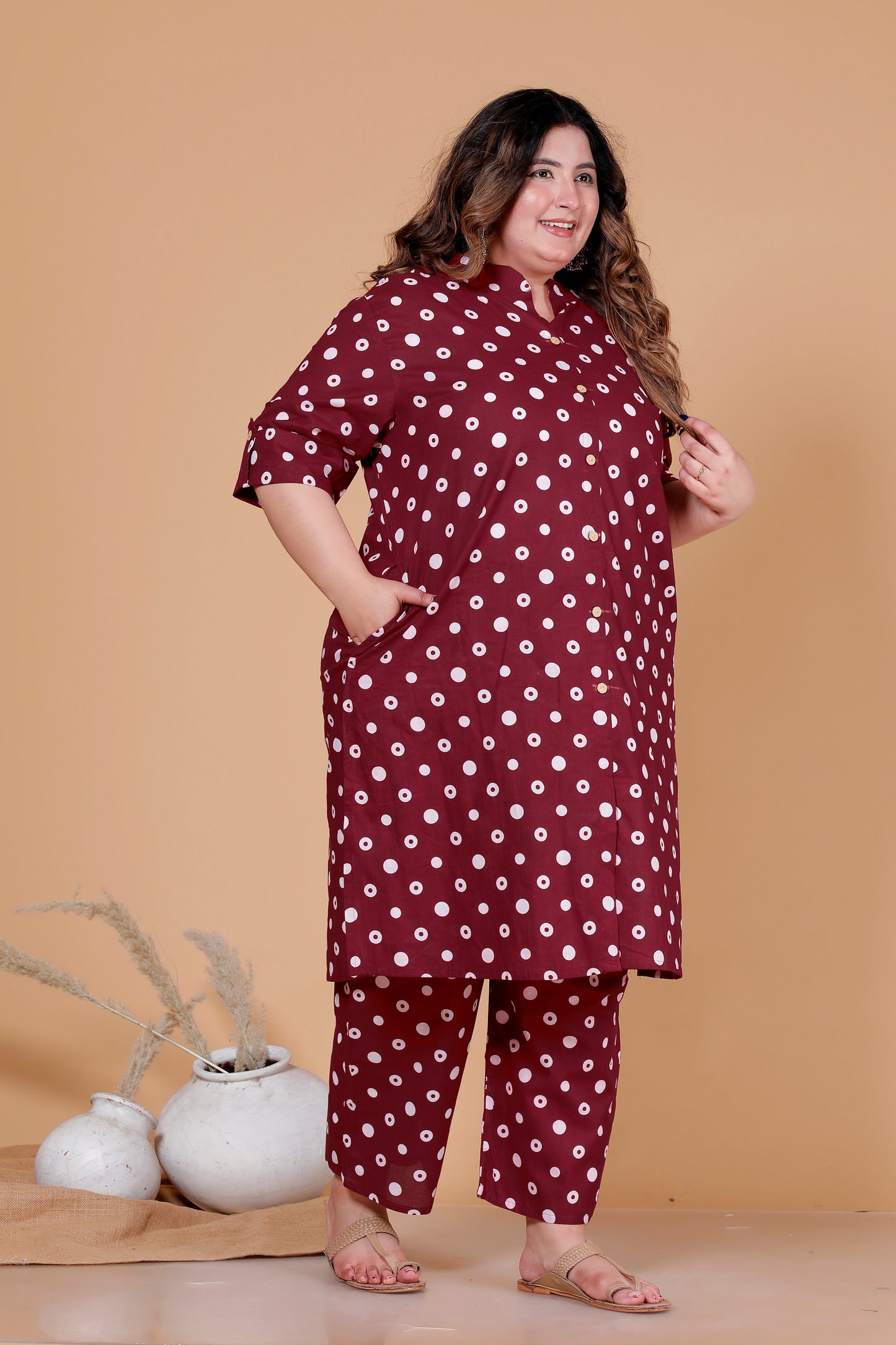 CLASSIC POLKA DOT PRINT COTTON 2 PEICE KURTA PANT IN DEEP MAROON BY PLUSSIZEKURTI