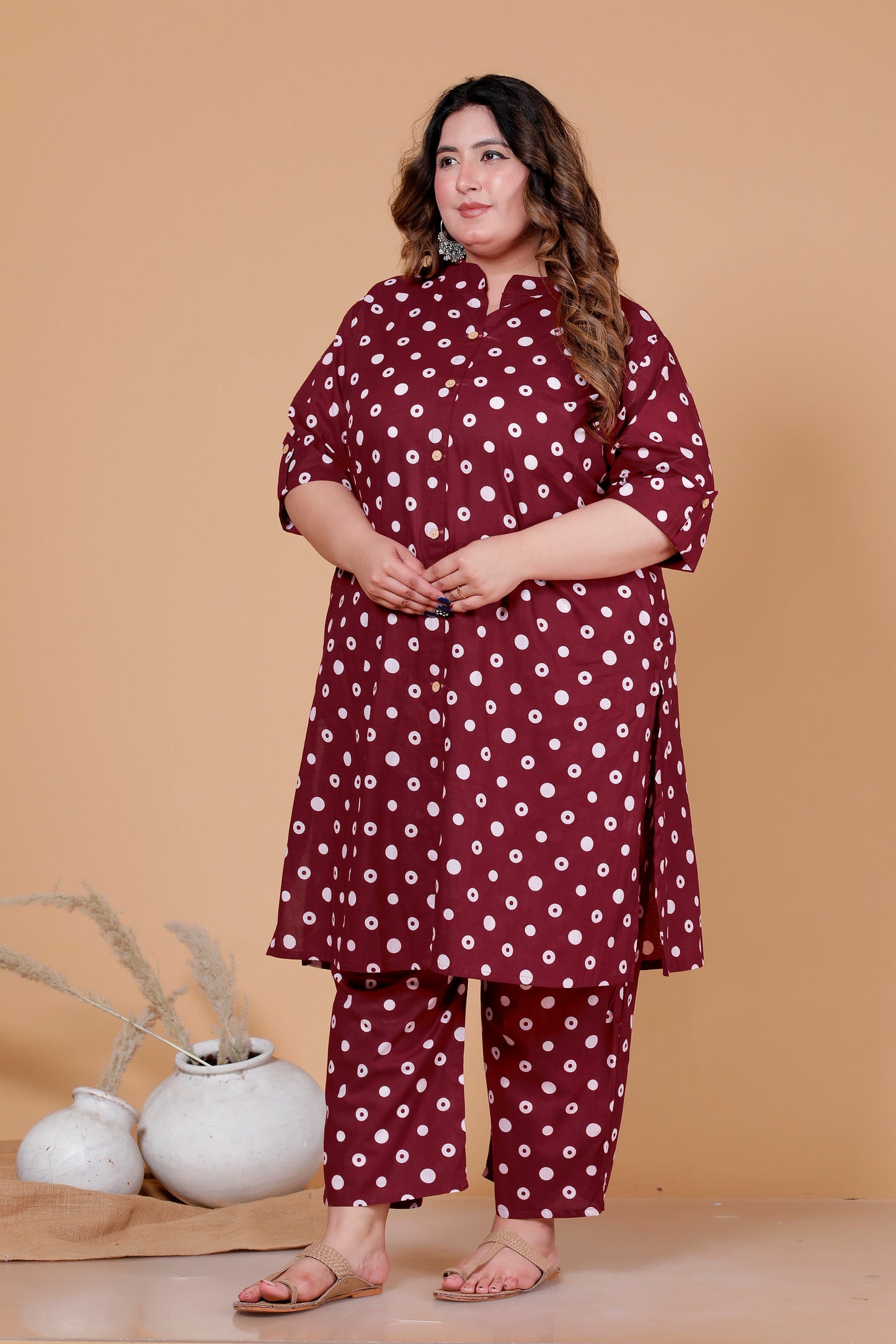 CLASSIC POLKA DOT PRINT COTTON 2 PEICE KURTA PANT IN DEEP MAROON BY PLUSSIZEKURTI