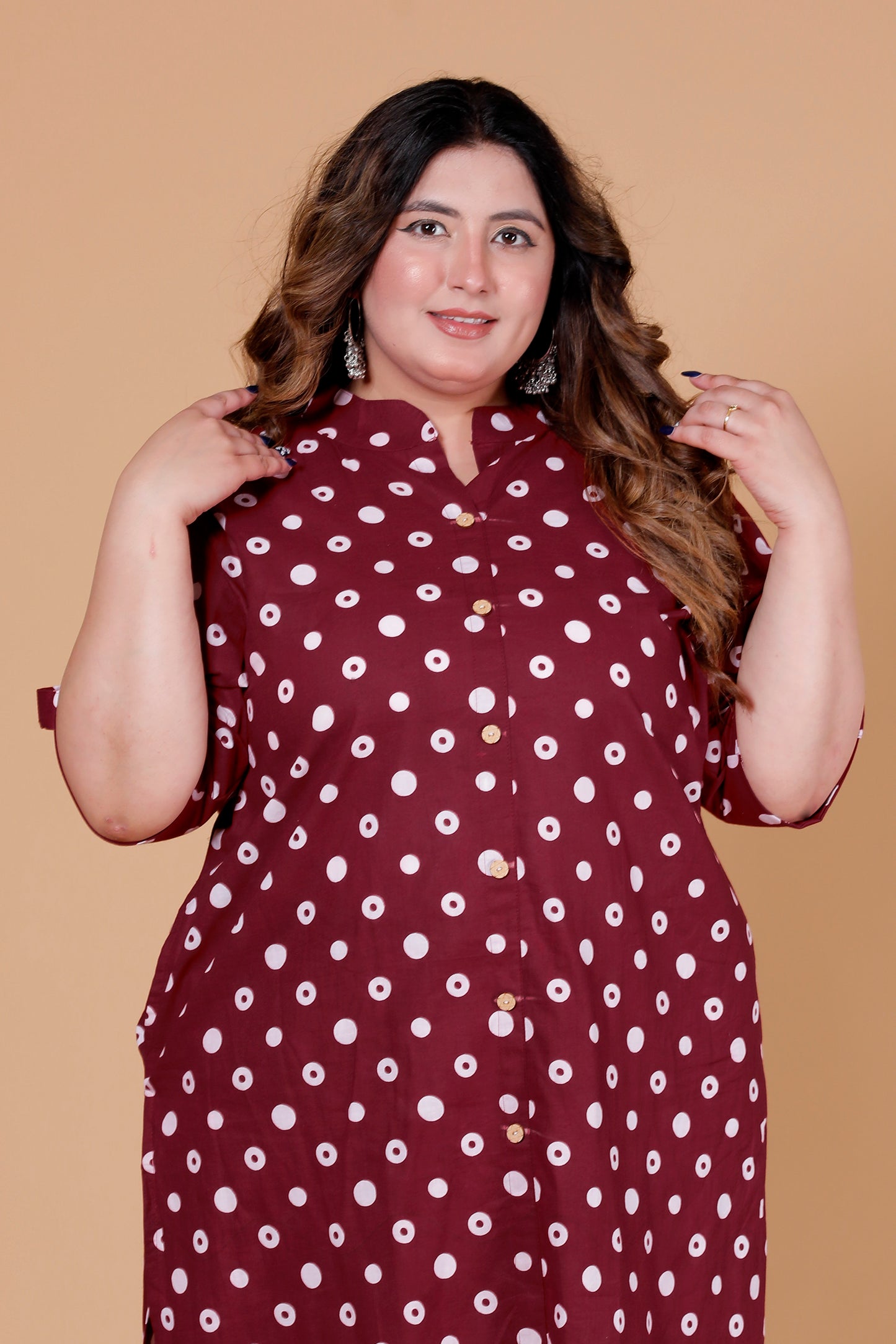 CLASSIC POLKA DOT PRINT COTTON 2 PEICE KURTA PANT IN DEEP MAROON BY PLUSSIZEKURTI