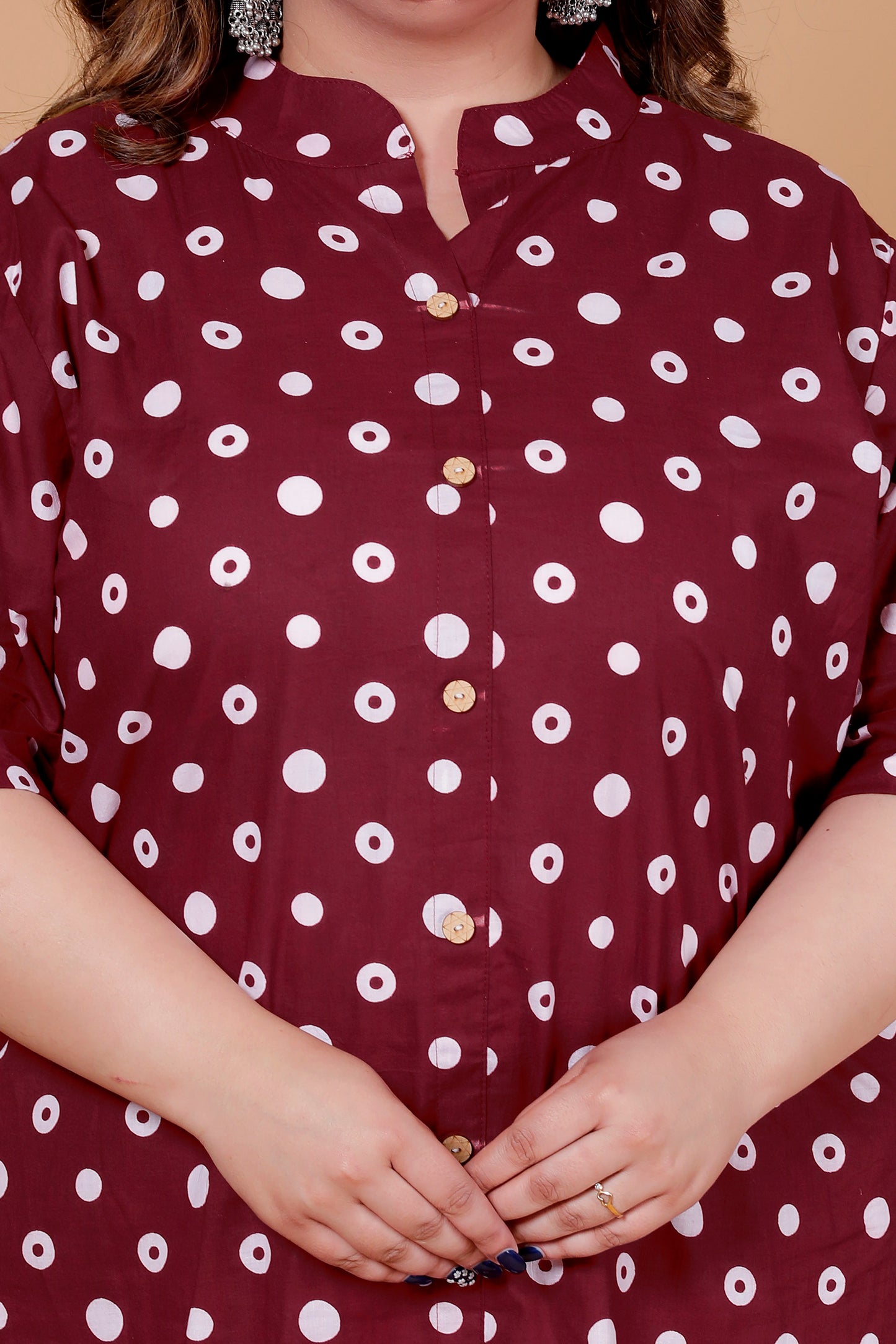 CLASSIC POLKA DOT PRINT COTTON 2 PEICE KURTA PANT IN DEEP MAROON BY PLUSSIZEKURTI